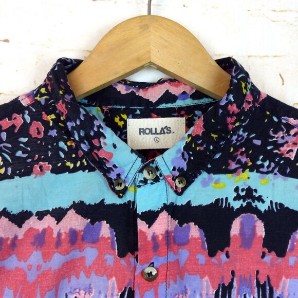 Rollas Beach Boy Shirt Men L Multicolor Abstract Print Button Short Sleeve 90s - Picture 4 of 14